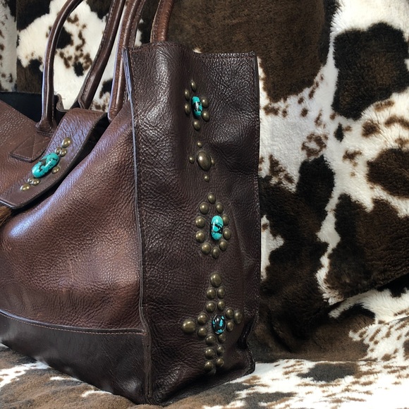 Big Two Bar West McFadin Leather Tote Bag Studded Turquoise Horse Hair Tassel - Picture 5 of 15